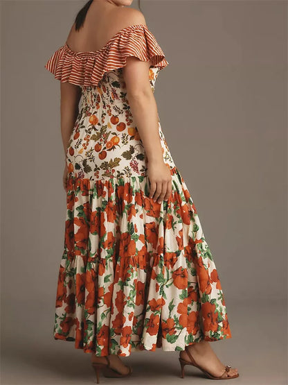 Slash Neck Ruffle Cocktail Floral Dress
