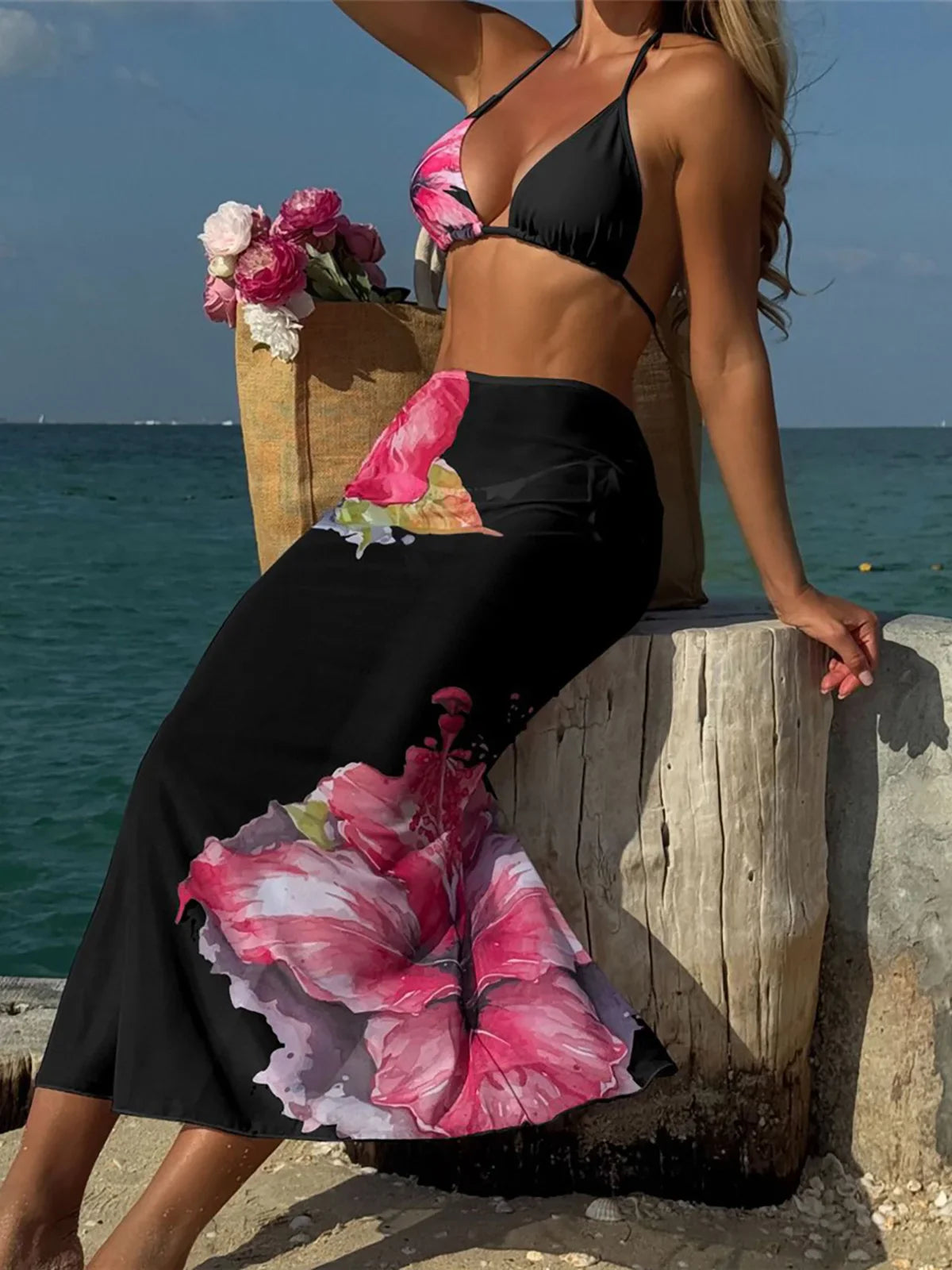 Flowers Skirt Halter Bather  Three Piece Swim Sets