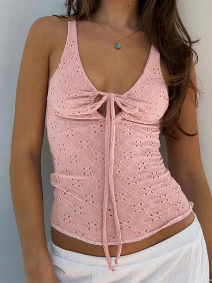 Red Lace-Up Cut-Out V-Neck Backless Cami Top