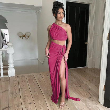 Solid Oblique Shoulder Wrapped Slit High Waist Two Piece Skirt Set