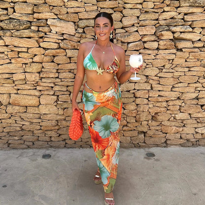 Print Micro Long Sleeve  Three Piece Swim Sets