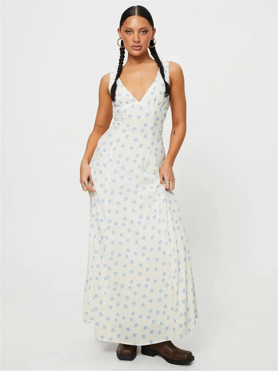 V-neck Lace-up Sleeveless Floral Dress