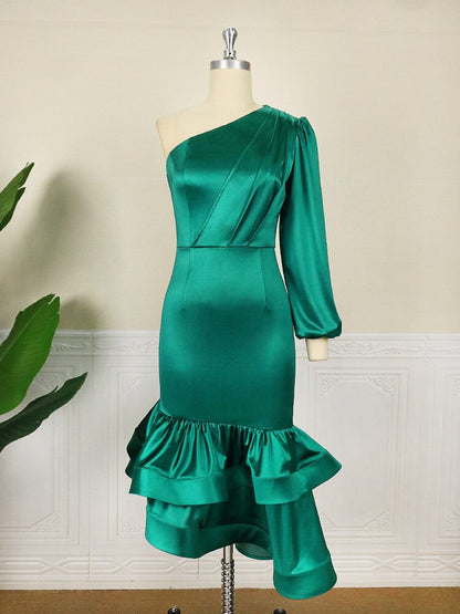 DressBetty - One Shoulder Evening Dress  Diagonal Collar Long Sleeve Party Dress
