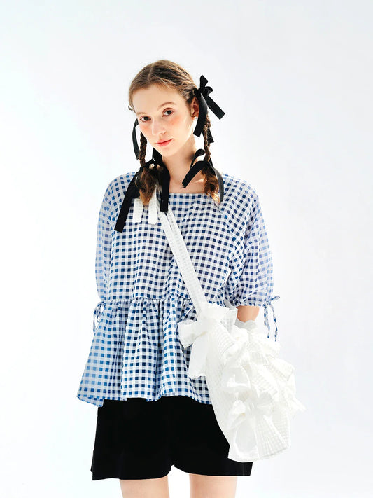 Plaid Lace-up Short Sleeve T-shirt Blouse
