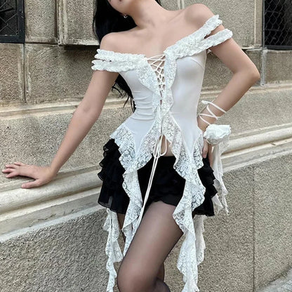 Lace Patchwork Asymmetrical Strapless