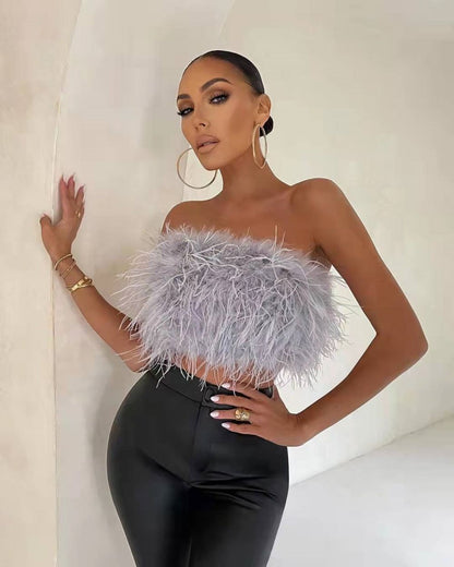 DressBetty - Faux Ostrich Feather Soft Fur Tank Short Vest Colorful  Backless Nightclub Tube Top