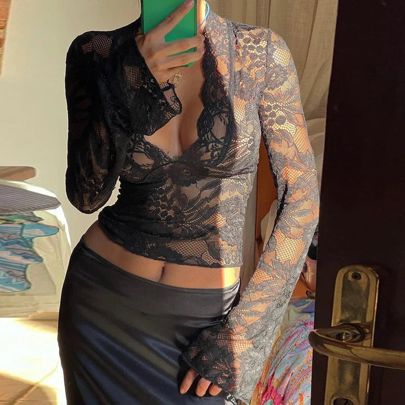 Y2k Lace See Through Sheer Top