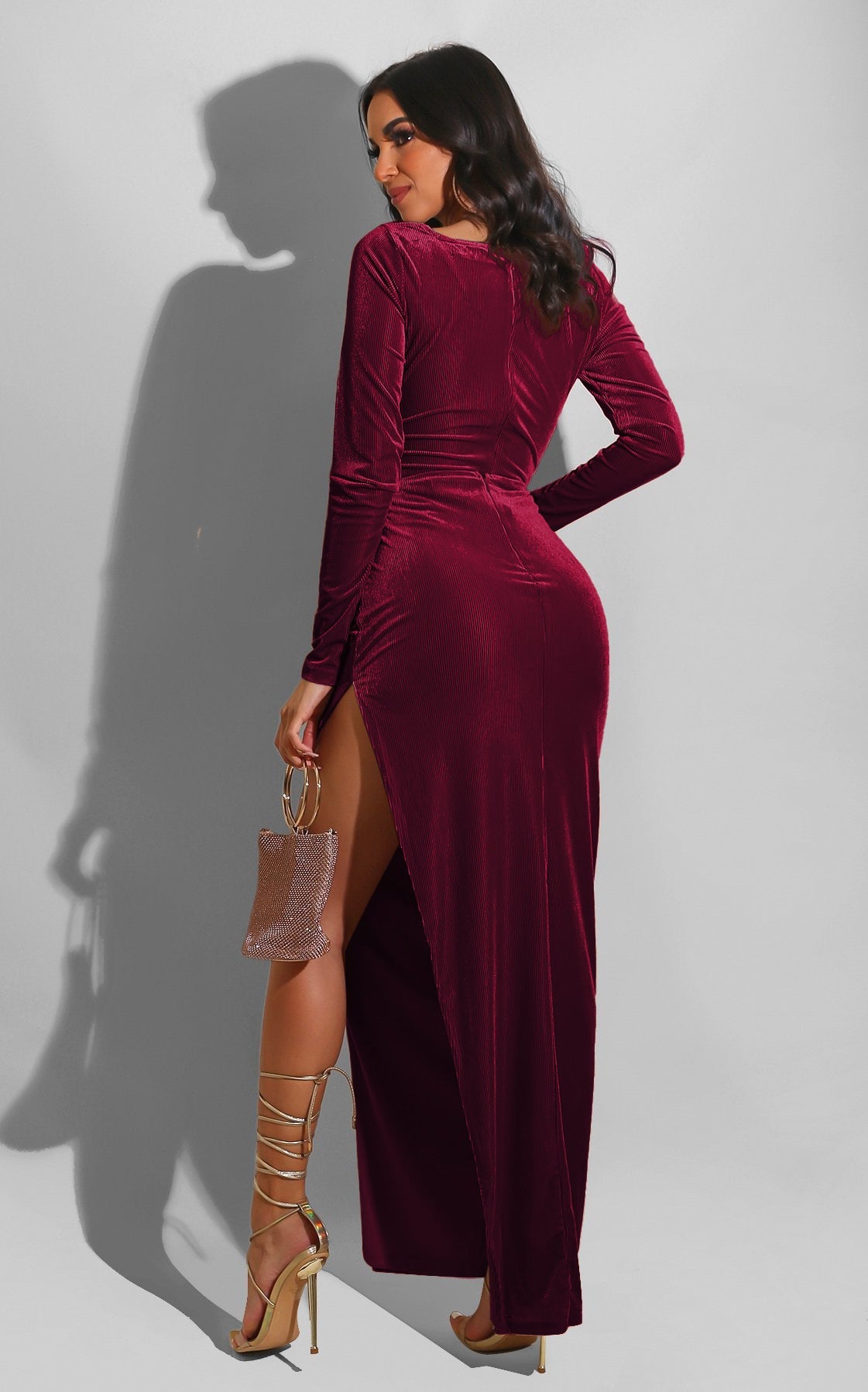 DressBetty - Elegant Velvet High Waist Slit Maxi Dress  Long Sleeve Evening Party Dress