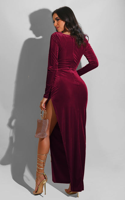 DressBetty - Elegant Velvet High Waist Slit Maxi Dress  Long Sleeve Evening Party Dress