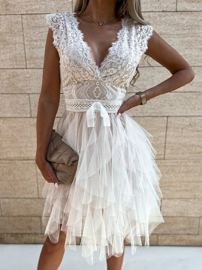 DressBetty - Lace Patchwork Asymmetrical White Dress Femme  Sleeveless Slim Fit Party