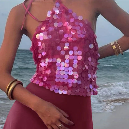 Sequin Beaded Backless Boho Halter Cami Top