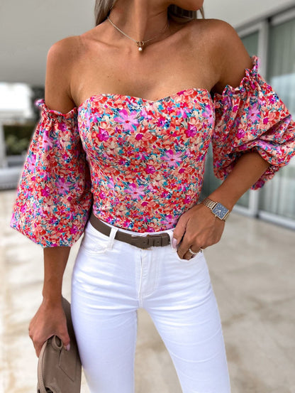 DressBetty - Women  Top Summer Off Shoulder Floral Blouses Holiday Slash Neck Tops