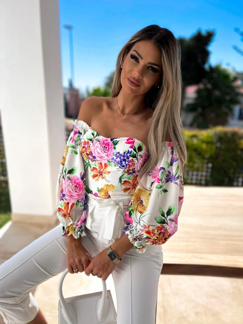DressBetty - Women  Top Summer Off Shoulder Floral Blouses Holiday Slash Neck Tops