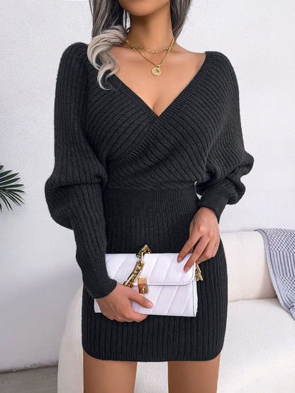 DressBetty - Sweater Dresses Formal Deep V Neck Mini  Dress Batwing Long Sleeve Knitted Winter Dresses