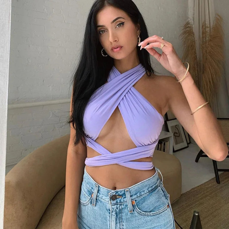 Strappy Cross Over Backless Halter Cami Top