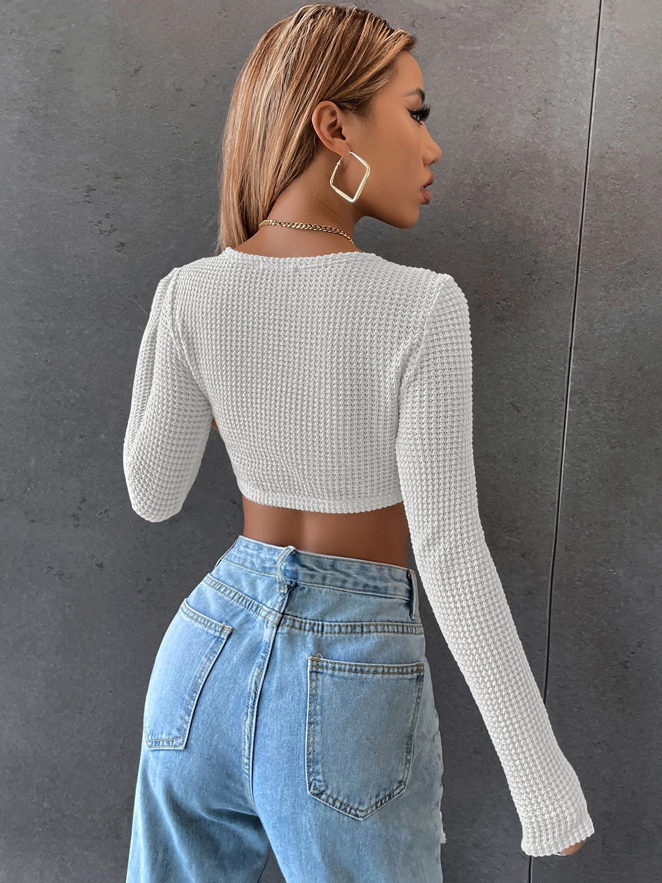 DressBetty - Long Sleeve Square Neck Knitted Crop Top Women Y2k  T Shirts