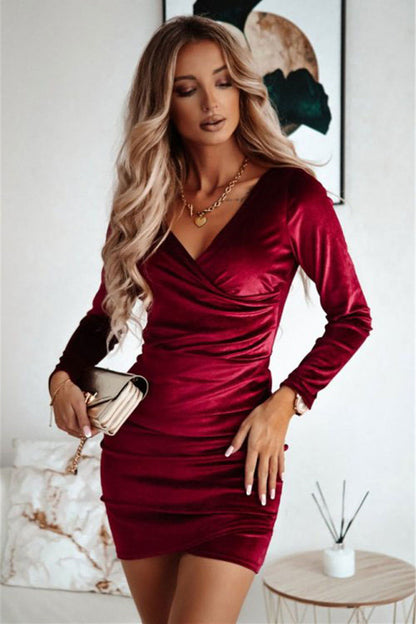 DressBetty - Elegant Gold Velvet Mini Dress  Hip Dresses Solid Long Sleeve Party Dress