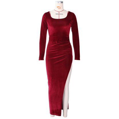 DressBetty - Elegant Velvet High Waist Slit Maxi Dress  Long Sleeve Evening Party Dress