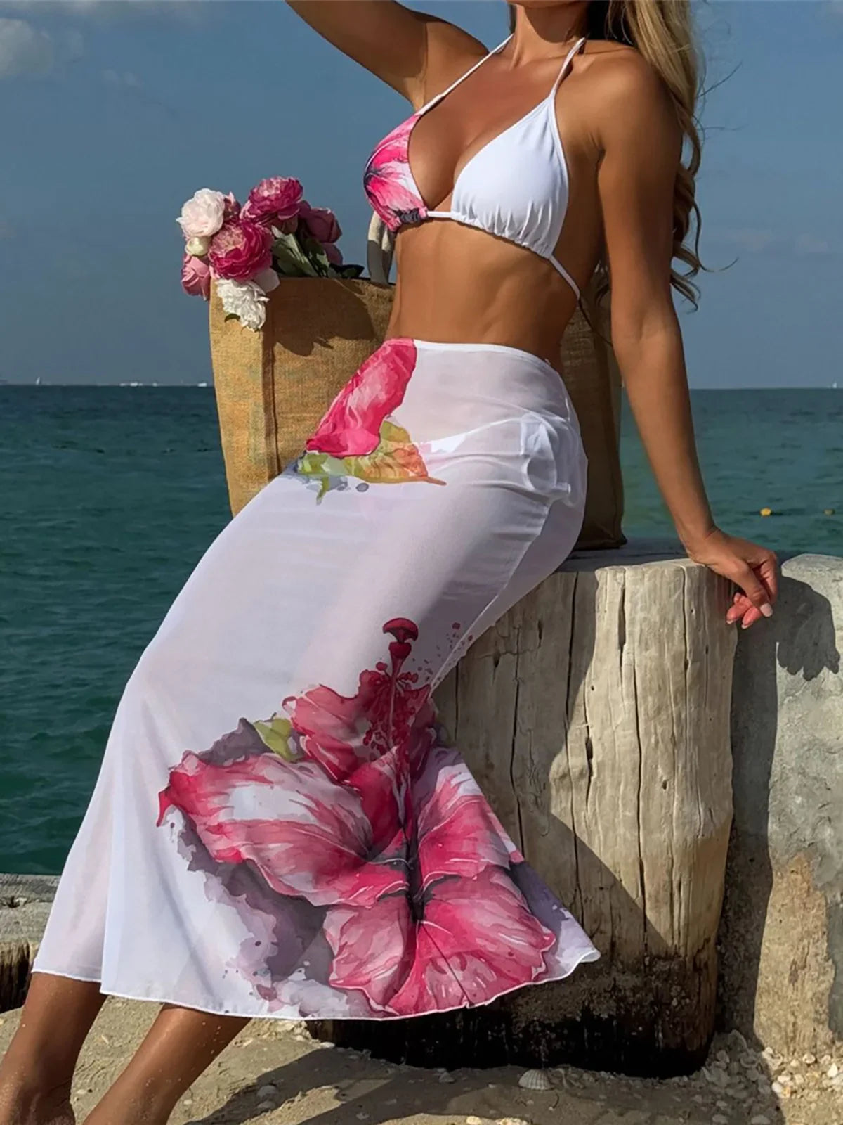 Flowers Skirt Halter Bather  Three Piece Swim Sets