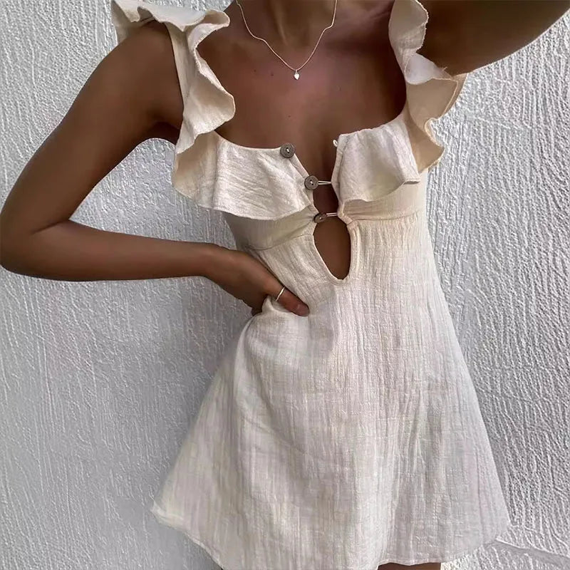 Hollow Ruffled Cotton Beach Gothic Mini Dress