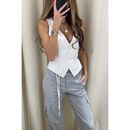 Lace Up Sleeveless White Blouse