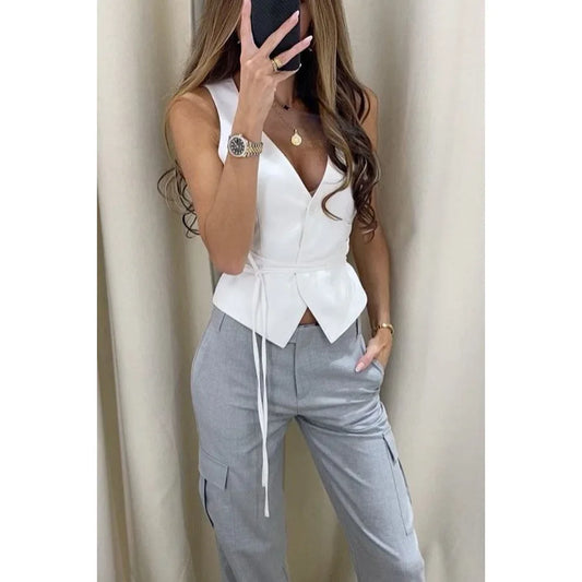 Lace Up Sleeveless White Blouse