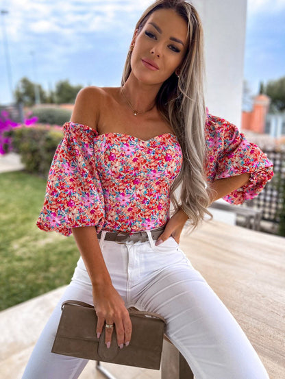 DressBetty - Women  Top Summer Off Shoulder Floral Blouses Holiday Slash Neck Tops
