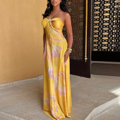 Halter Satin Hollow Slim Floral Dress