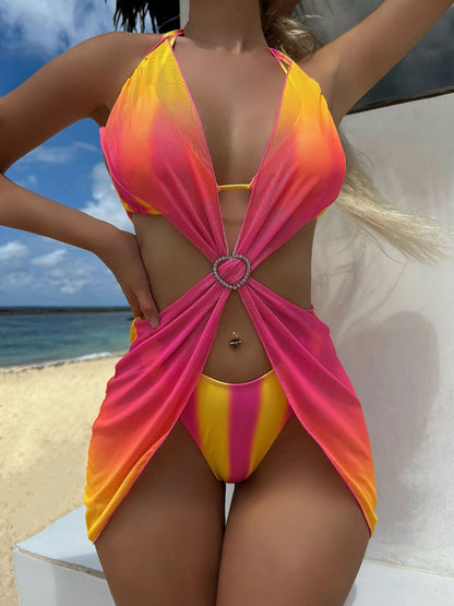 Gradient Mesh Skirt Summer  Three Piece Swim Sets