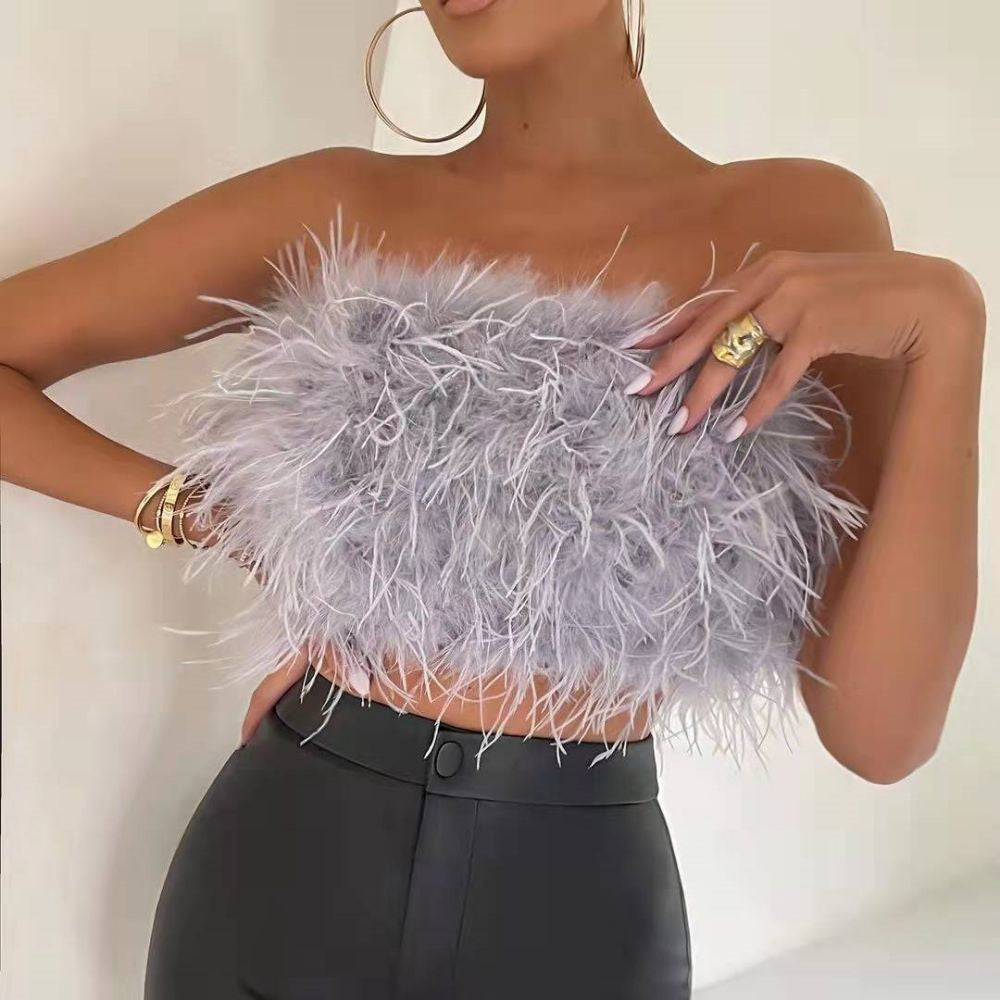 DressBetty - Faux Ostrich Feather Soft Fur Tank Short Vest Colorful  Backless Nightclub Tube Top