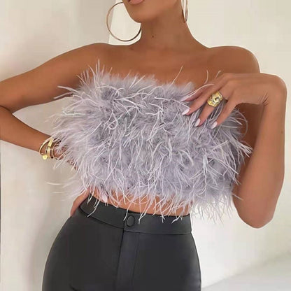 DressBetty - Faux Ostrich Feather Soft Fur Tank Short Vest Colorful  Backless Nightclub Tube Top
