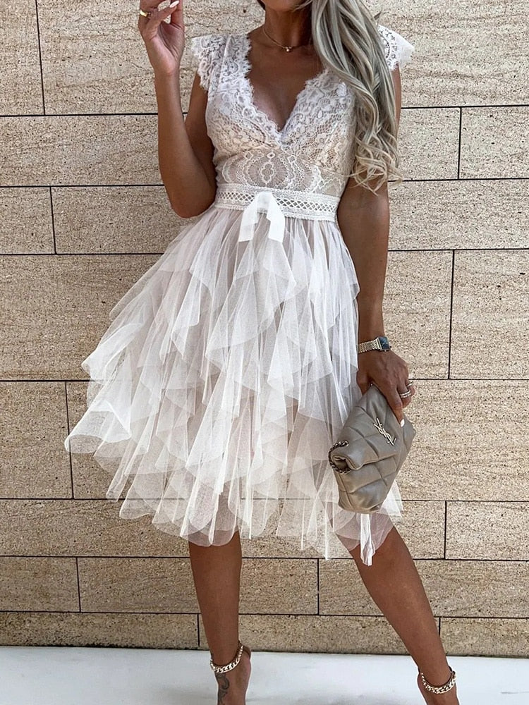 DressBetty - Lace Patchwork Asymmetrical White Dress Femme  Sleeveless Slim Fit Party