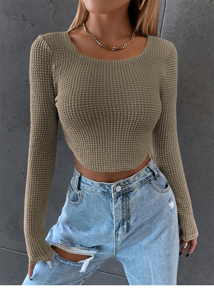 DressBetty - Long Sleeve Square Neck Knitted Crop Top Women Y2k  T Shirts