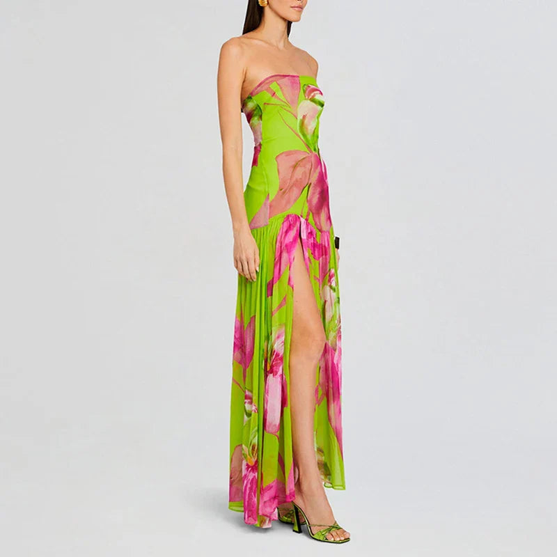 Printed Strapless Pleated Midi Dress