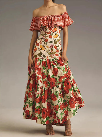 Slash Neck Ruffle Cocktail Floral Dress