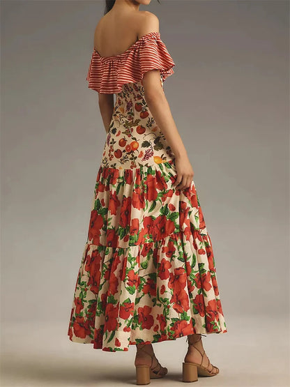 Slash Neck Ruffle Cocktail Floral Dress