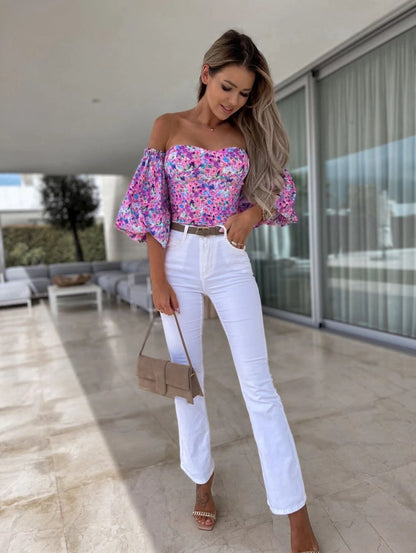 DressBetty - Women  Top Summer Off Shoulder Floral Blouses Holiday Slash Neck Tops