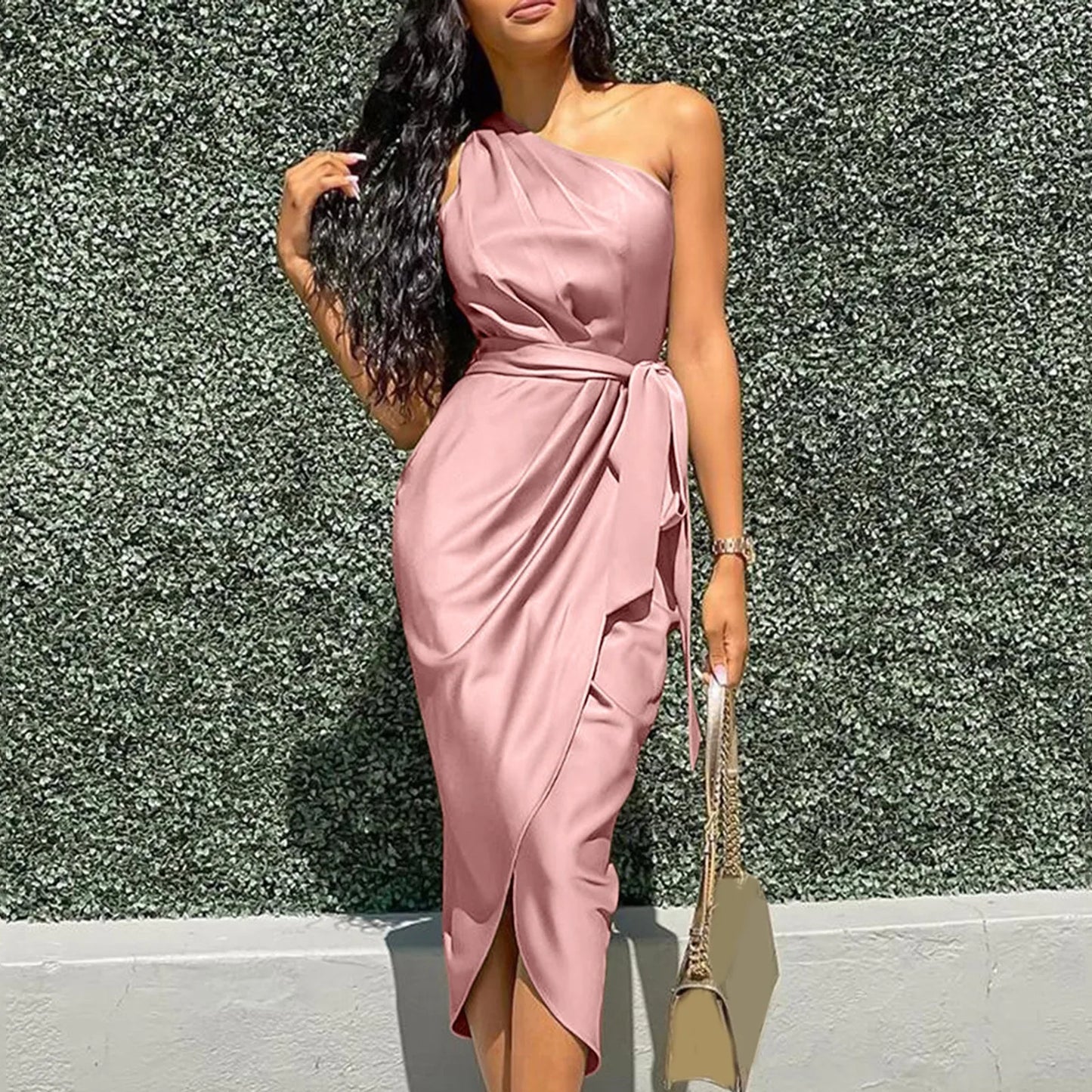 DressBetty - 2024  Green Asymmetrical One Shoulder Satin Ruched Midi Dress