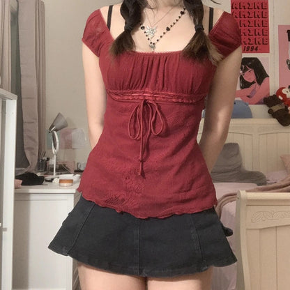 Square Collar Kawaii Bow Vintage Crop Top