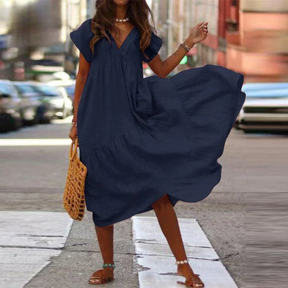 Cotton Linen Oversize Loose V-neck Boho Dress