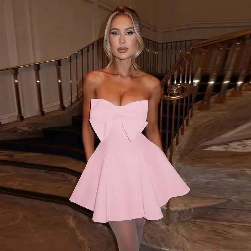 Pearl Bow Waist Wrap Backless Mini Dress