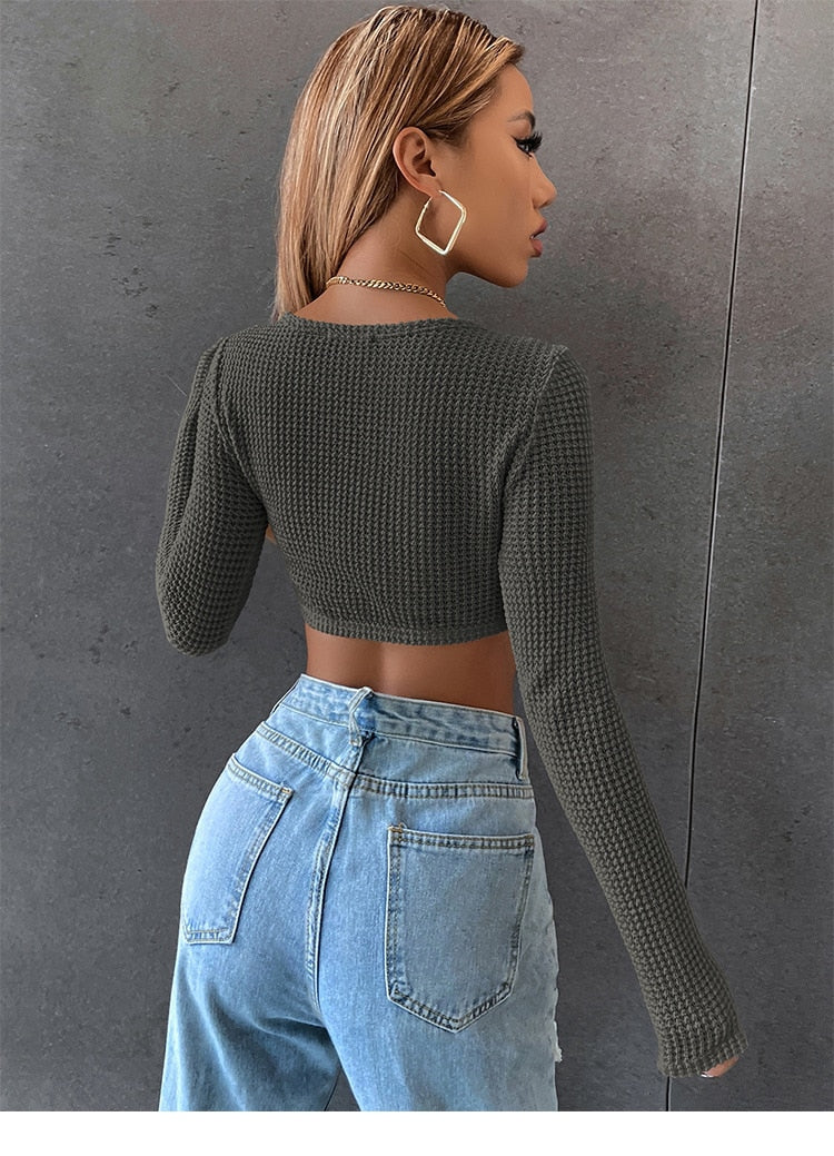 DressBetty - Long Sleeve Square Neck Knitted Crop Top Women Y2k  T Shirts