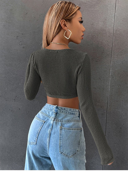 DressBetty - Long Sleeve Square Neck Knitted Crop Top Women Y2k  T Shirts