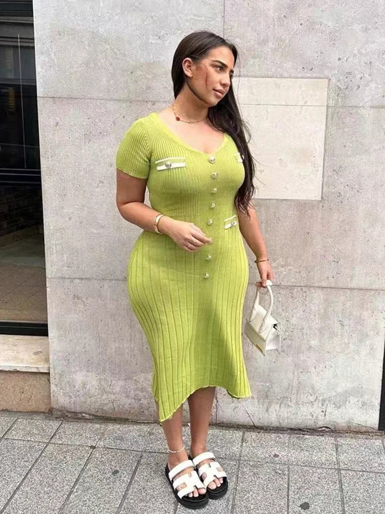 V-Neck Knitted Short Sleeve Button Work Dress