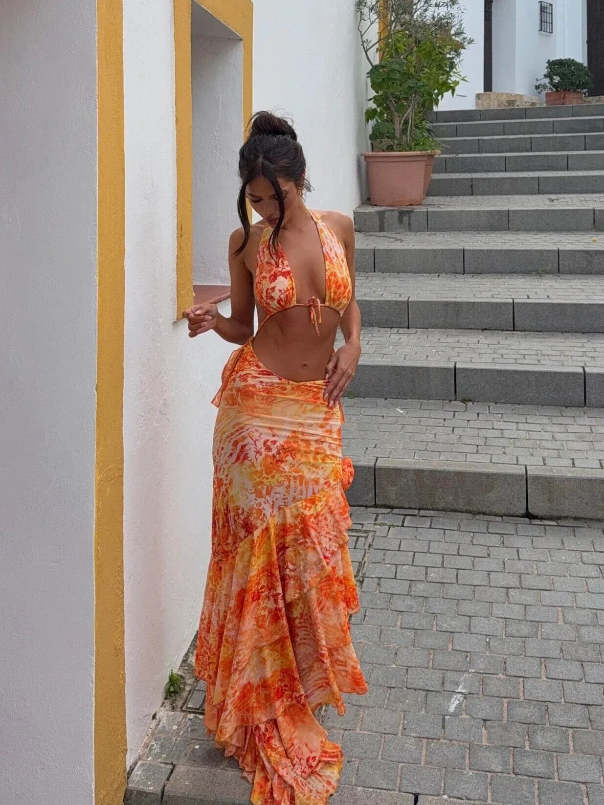 Vintage Print Cover Up Suspenders  Three Piece Swim Sets