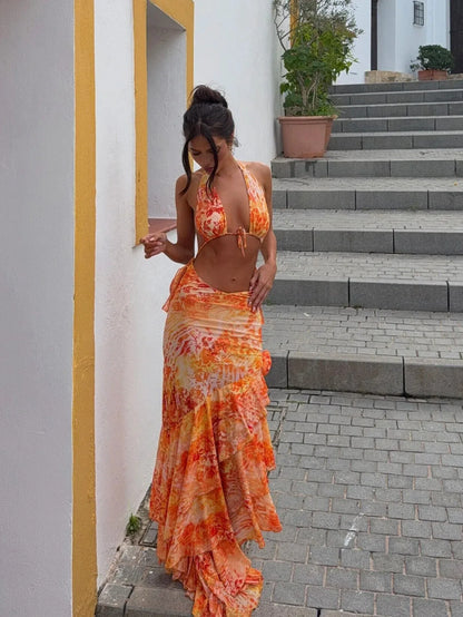 Vintage Print Cover Up Suspenders  Three Piece Swim Sets