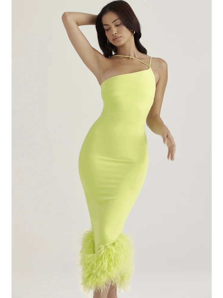 legant Spaghetti Strap Feather Midi Dress