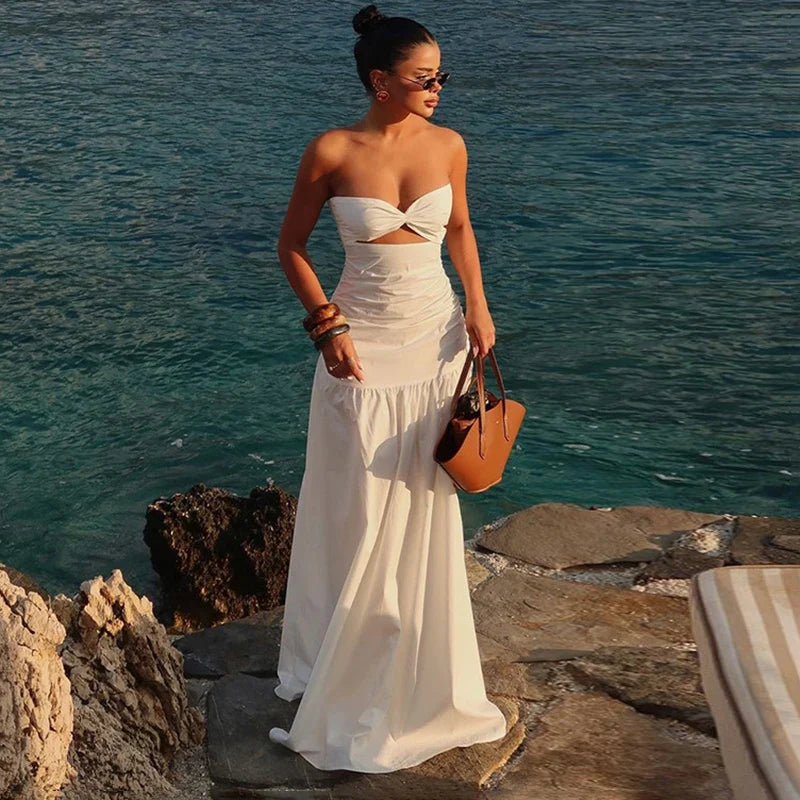 Mesh Strapless Hollow Colorblock Maxi Dress