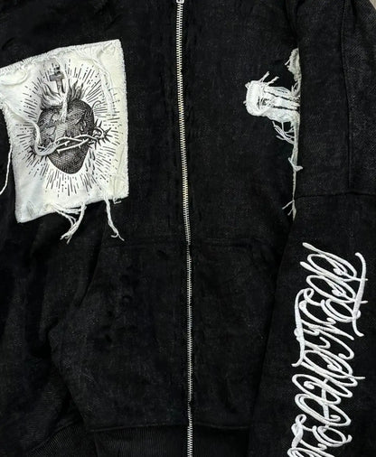 Embroidered Cross Zip Up Hoodie