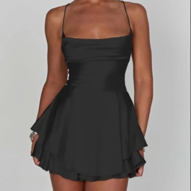 Satin Cowl Neck Tie Back Romper Mini Dress